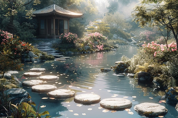 Photo a serene digital painting capturing the tranquility of the japanese zen gardens