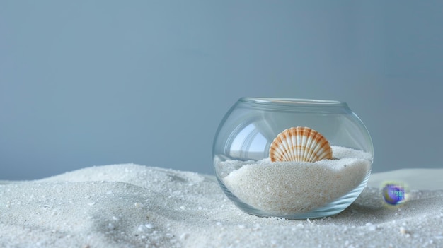 A serene display of white sand and a single shell in a small glass jar perfect for a minimalist beach theme