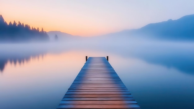 Photo serene dock at sunrise surrounded by misty water and mountains creating a tranquil and picturesque landscape for relaxation