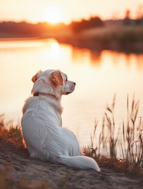 Photo serene dog by the water at sunset peaceful nature scene