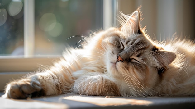 Serene Domestic Cat Enjoying Warm Sunlight Through Window in Cozy Home Environment Peaceful Feline