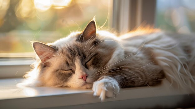 Serene Domestic Longhaired Cat Sleeping Peacefully by Window with Golden Sunset Light