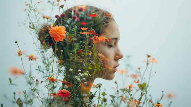 Photo serene double exposure of a womans profile blended with vibrant wildflowers in bloom