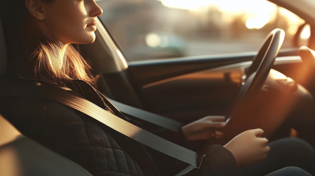 Photo serene drive at sunset with a young woman focused behind the wheel of her car in warm soft sunlight