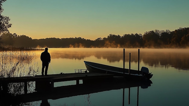 Photo serene early morning scene of fisherman preparing for the day