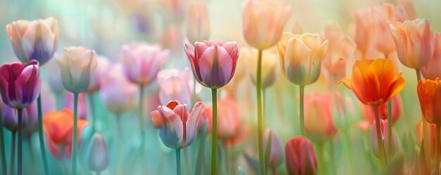 A Serene Easter Morning Captured Through Rows of Abstract PastelColored Tulips Gently Swaying