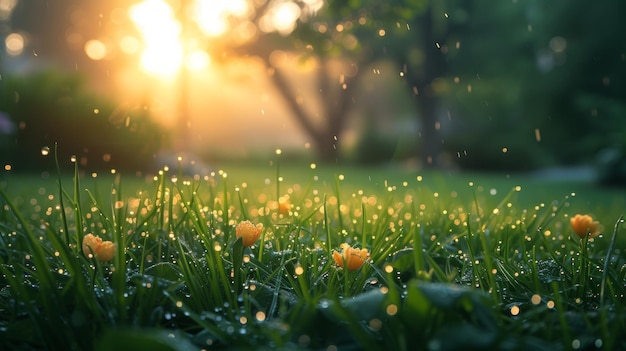 A serene Easter morning scene with a dewcovered garden perfect for a peaceful reflection