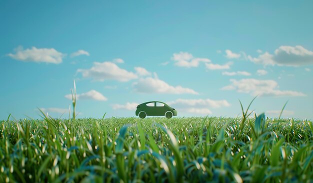 Serene ecofriendly car in sunlit meadow with clear sky