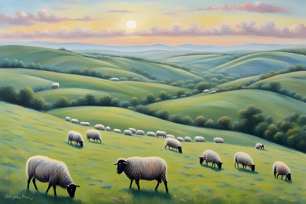 Serene Eid alAdha Peaceful Landscape Rolling Hills Grazing Sheep and Soft Pastel Colors