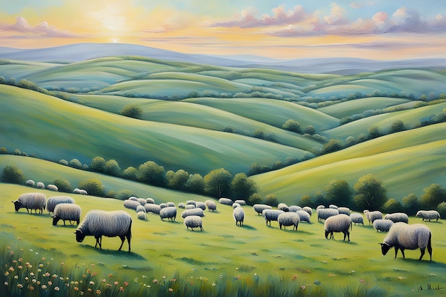 Serene Eid alAdha Peaceful Landscape Rolling Hills Grazing Sheep and Soft Pastel Colors