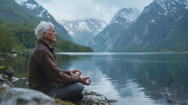 Photo a serene elder meditating peacefully by the tranquil lake surrounded by majestic mountains on a calm cloudy morning