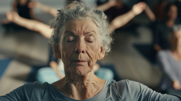 A serene elderly woman finds peace in meditation with fellow practitioners in a tranquil space