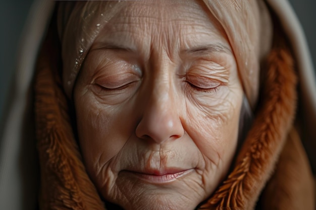 Serene Elderly Woman with Eyes Closed Wrapped in Warm Clothing