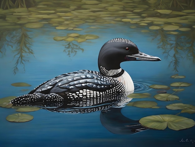 Serene Elegance Common Loon's Reflection in Blue Waters