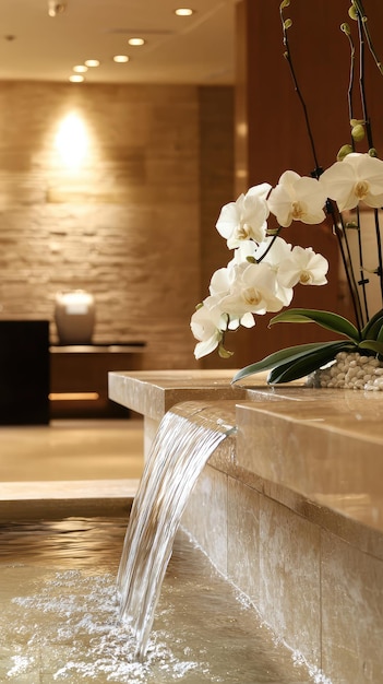 Photo a serene and elegant spa reception area with a water feature and orchids the soft lighting and natural elements create a calming and inviting atmosphere