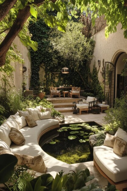 Photo serene escape a tranquil private courtyardwater feature and lush greenery