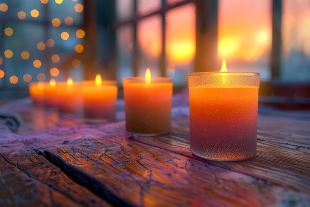 Serene Evening Ambiance with Multiple Glowing Candles on Wooden Table Against Blurry Lights