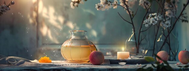 Photo serene evening scene with glass jug candle and blooming branches