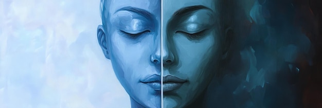 A serene face divided into two halves one light blue and one dark blue represents the dualit