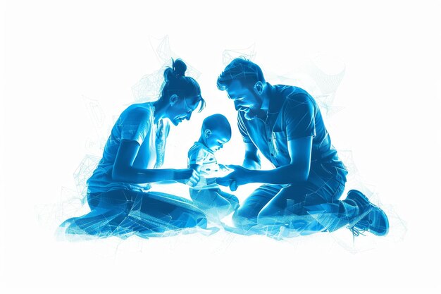 Photo serene family moment in a snowy digital environment symbolizing love warmth and future technology