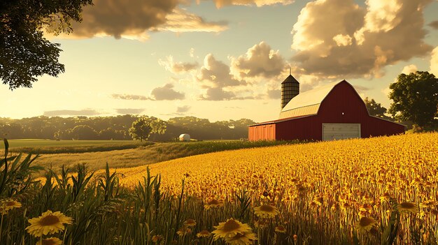 Photo serene farm landscape with sunflowers and a red barn at sunset