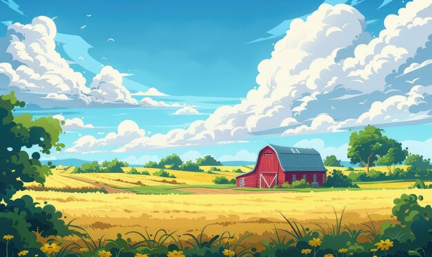 Photo a serene farm scene with a red barn golden fields and a vibrant sky generate ai