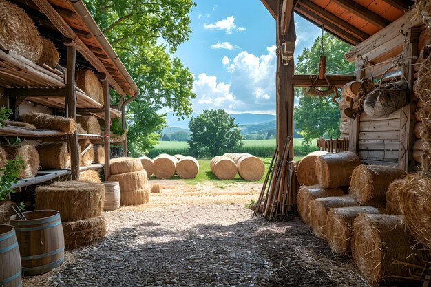 Photo serene farm view with hay bales and rustic barn interior