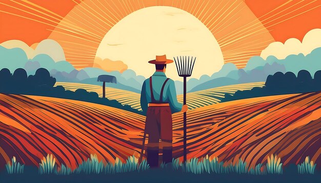 Photo a serene farmer contemplates his land under a vibrant ukrainian sunset in a simple yet captivating flat design generative ai banner