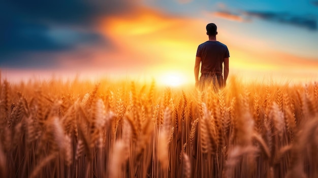 A serene farmer in a wheat field at sunset observing crop progress