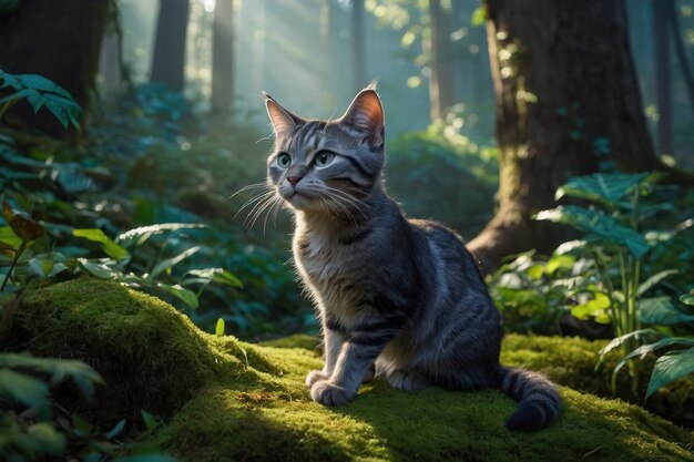 Serene Feline in a Lush Forest