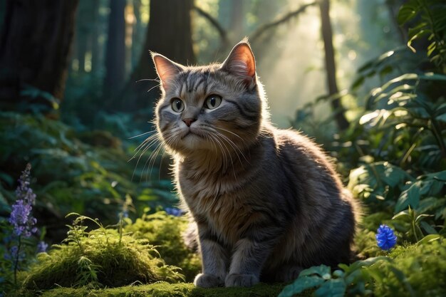 Serene Feline in a Lush Forest