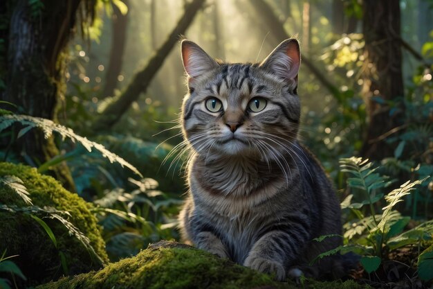 Serene Feline in a Lush Forest