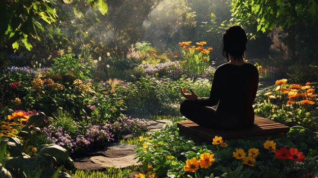 Photo a serene figure meditates in a lush garden filled with vibrant flowers soft sunlight filters through trees creating a peaceful atmosphere for reflection and tranquility ai