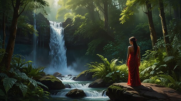 Photo serene figure wandering amidst a forest waterfall