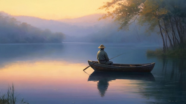 Serene fishing on a misty lake at dawn