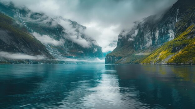 Photo serene fjord landscape majestic mountains turquoise water and dramatic clouds