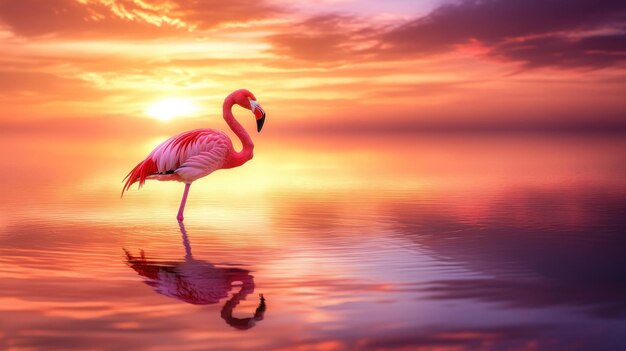 A serene flamingo stands in calm water at sunset reflecting vibrant colors in the sky