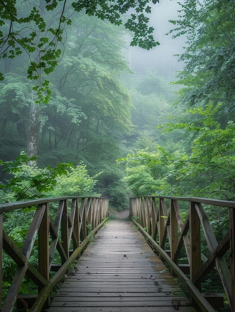 Serene Foggy Forest Pathway Tranquil Wooden Bridge in Lush Green Nature