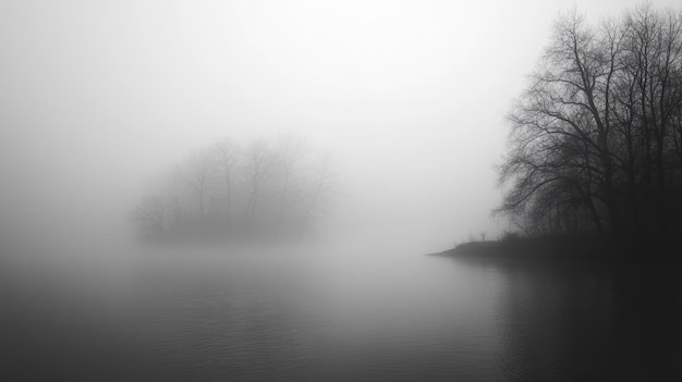 Photo a serene foggy landscape with silhouettes of trees reflected in still water