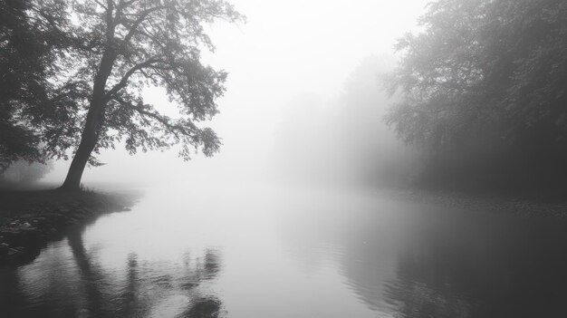 Photo a serene foggy river landscape evoking tranquility and mystery