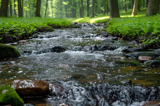 Photo serene forest creek flowing through lush greenery nature photography ideal for posters prints and backgrounds