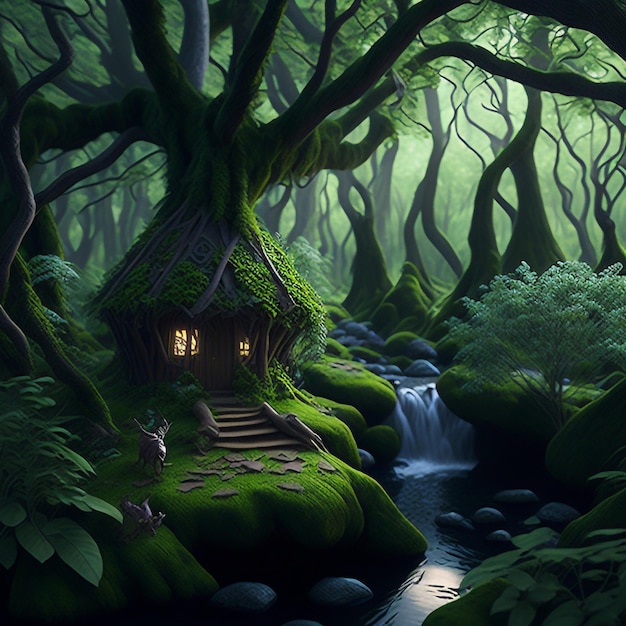 A serene forest glade with a hidden fairy village lush mosscovered trees