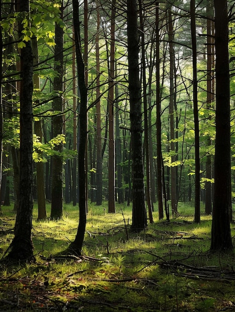 Serene Forest Landscape with Sunlight Filtering Through Trees