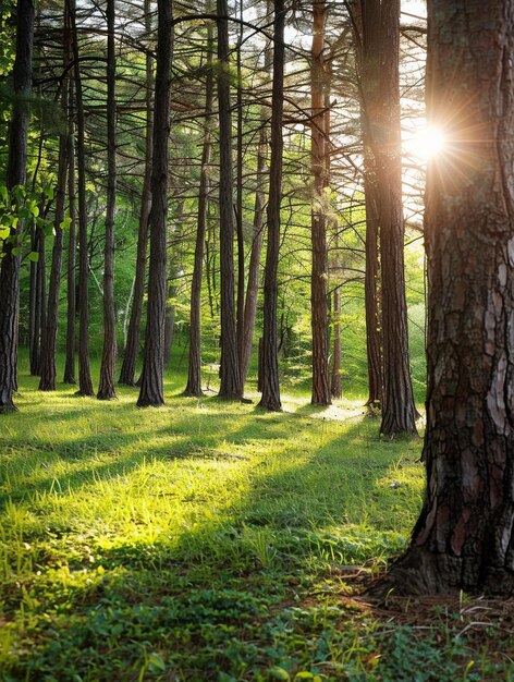 Serene Forest Landscape with Sunlight Filtering Through Trees