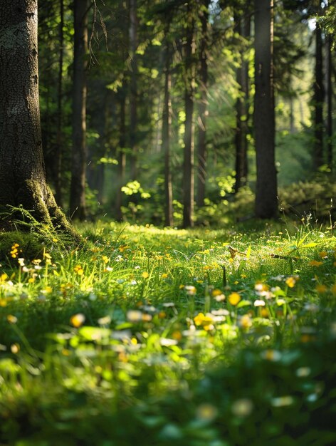 Serene Forest Landscape with Sunlight and Wildflowers