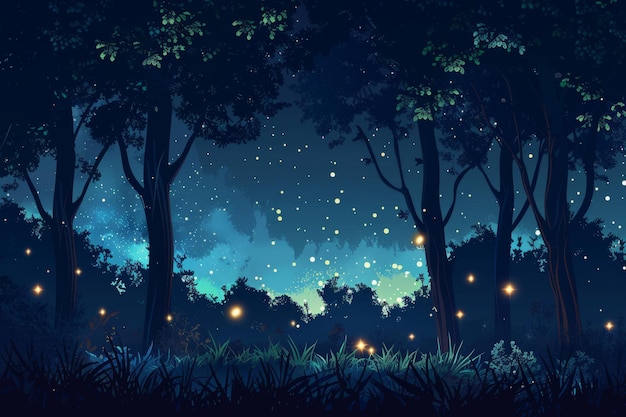 Serene forest night with twinkling starry sky