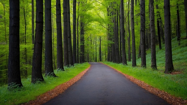 Serene forest path lined with lush greenery and ferns