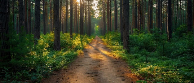 A serene forest path surrounded by tall trees great for nature and outdoor activities