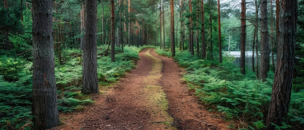 A serene forest path surrounded by tall trees great for nature and outdoor activities