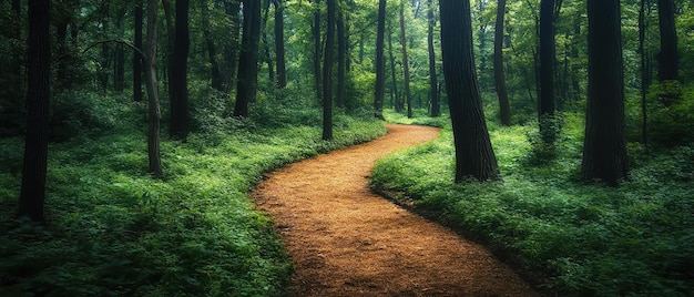 Photo serene forest path winding through tall lush green trees on a summer day